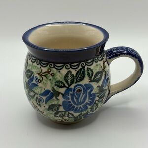 Handmade Polish pottery Blue green Cream Ceramic Bubble Mug Floral 8 ozs READ